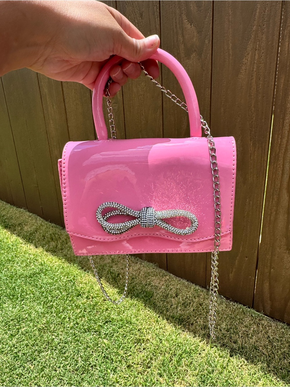 Pink Patent Top-Handle Crossbody Bag with Rhinestone Bow